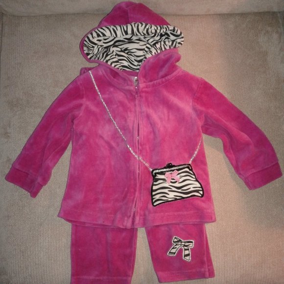 Kidzone Other - Girls Velour Sweatsuit with Zebra Print Purse, Sparkly Strap, Bow in Pink Sz12mo